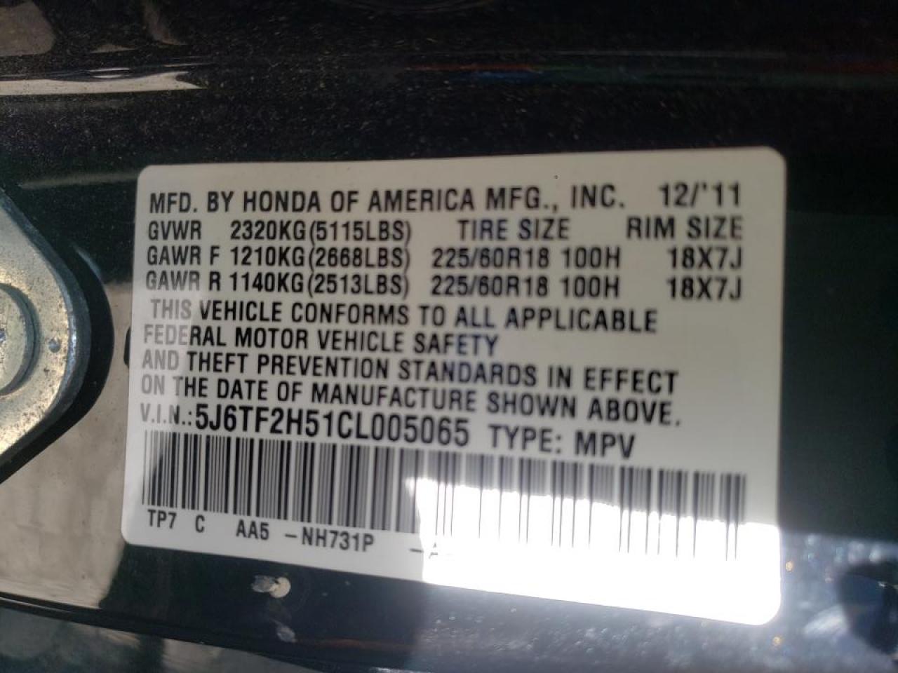 Photo 10 from auction – 2012 HONDA CROSSTOUR with VIN 5J6TF2H51CL005065