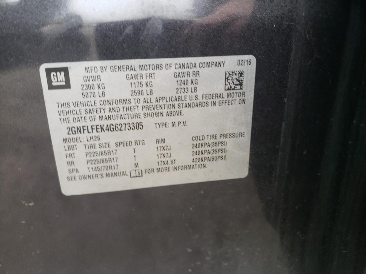 Photo 10 from auction – 2016 CHEVROLET EQUINOX LT with VIN 2GNFLFEK4G6273305