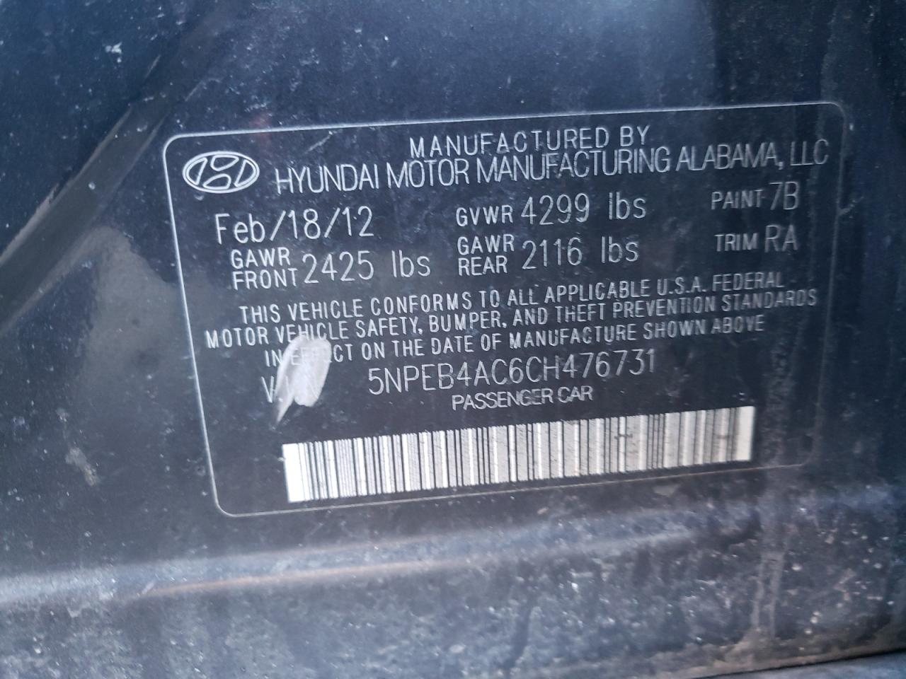 Photo 10 from auction – 2012 HYUNDAI SONATA GLS with VIN 5NPEB4AC6CH476731