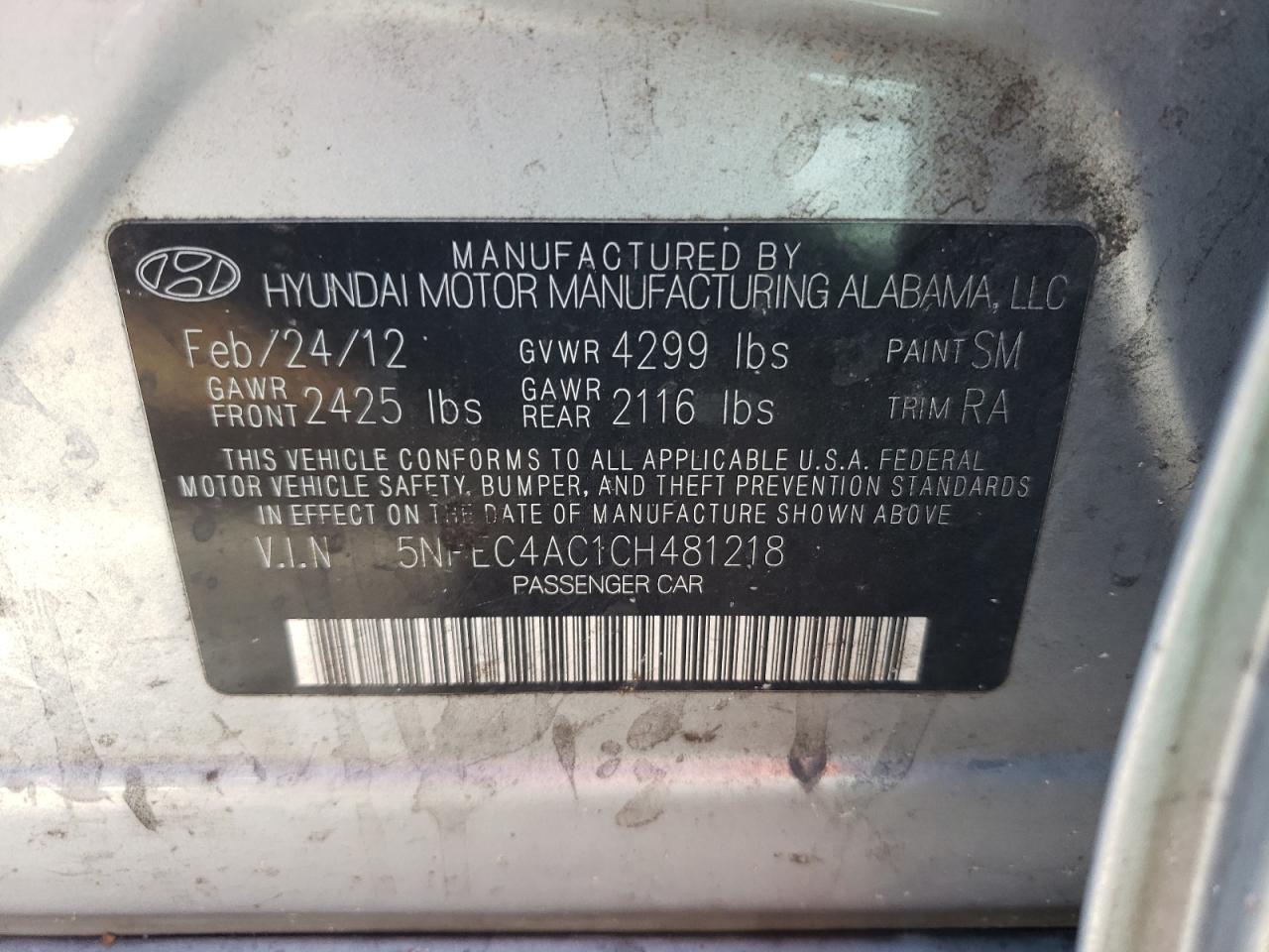 Photo 10 from auction – 2012 HYUNDAI SONATA SE with VIN 5NPEC4AC1CH481218