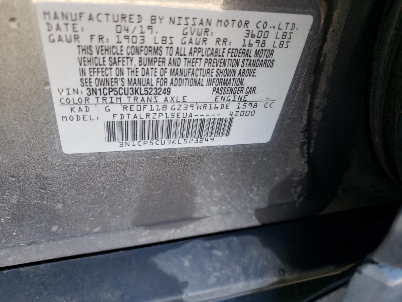 Photo 10 from auction – 2019 NISSAN KICKS S with VIN 3N1CP5CU3KL523249