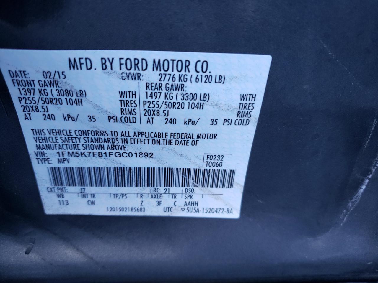 Photo 10 from auction – 2015 FORD EXPLORER L with VIN 1FM5K7F81FGC01892