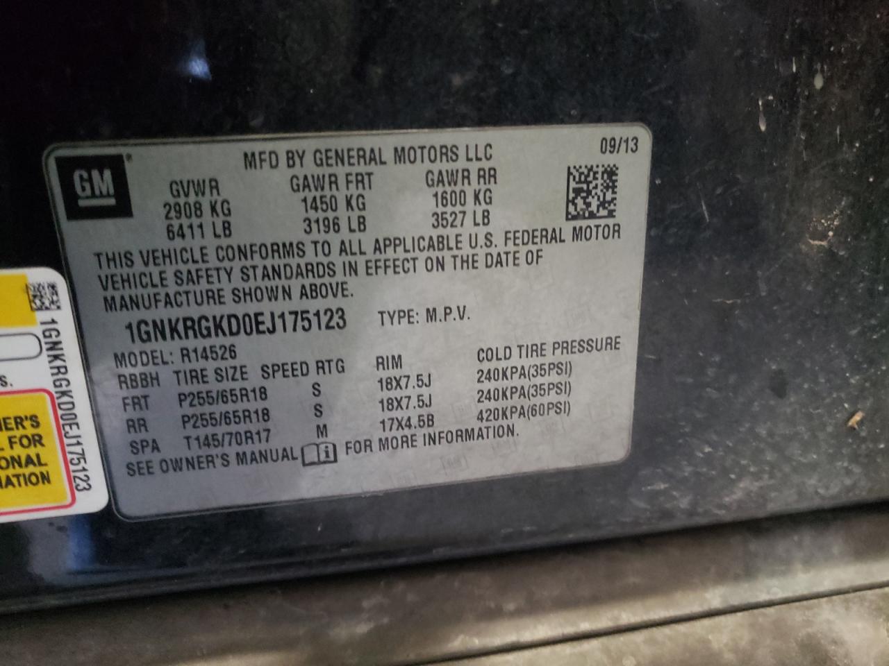 Photo 10 from auction – 2014 CHEVROLET TRAVERSE L with VIN 1GNKRGKD0EJ175123