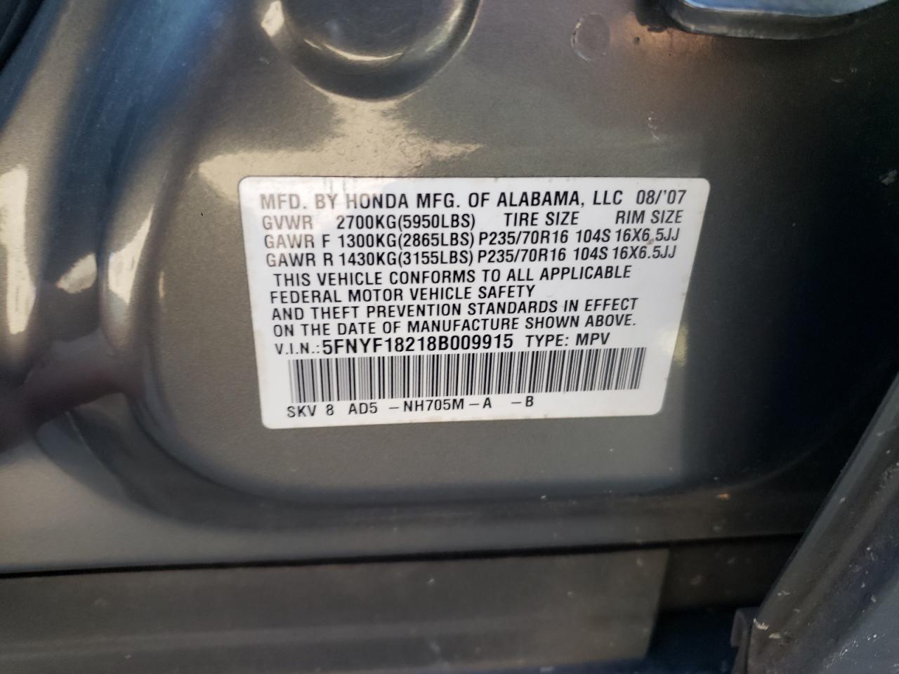 Photo 10 from auction – 2008 HONDA PILOT VP with VIN 5FNYF18218B009915
