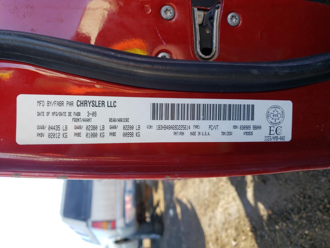 Photo 10 from auction – 2009 DODGE CALIBER SX with VIN 1B3HB48A69D225614