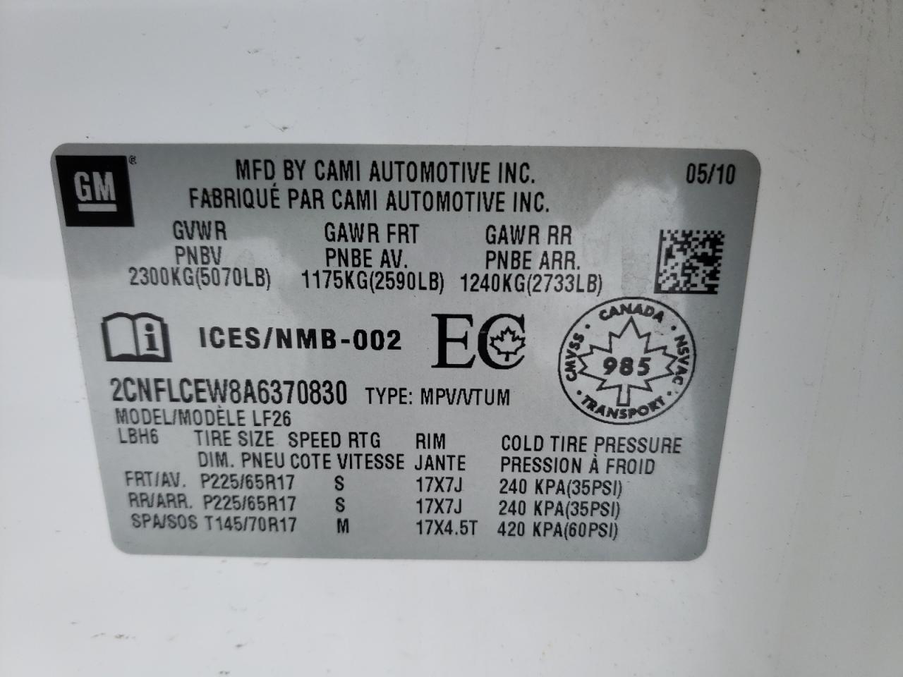 Photo 10 from auction – 2010 CHEVROLET EQUINOX LS with VIN 2CNFLCEW8A6370830