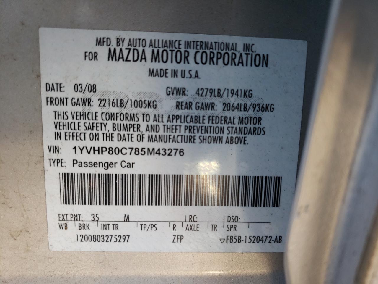 Photo 10 from auction – 2008 MAZDA 6 I with VIN 1YVHP80C785M43276