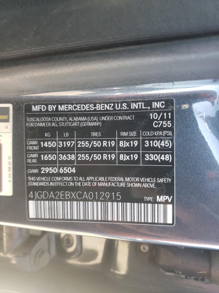 Photo 10 from auction – 2012 MERCEDES-BENZ ML 350 BLU with VIN 4JGDA2EBXCA012915