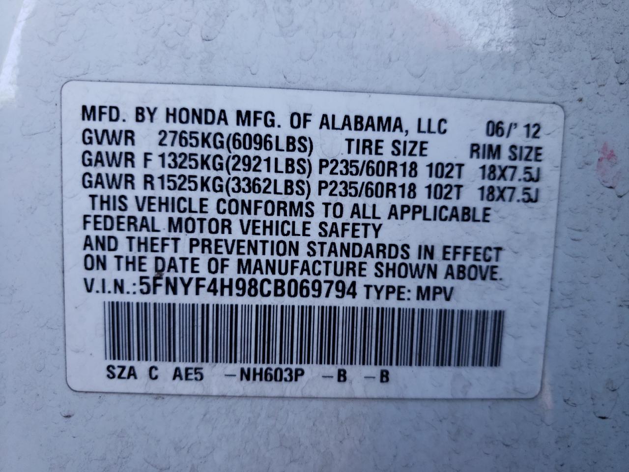 Photo 10 from auction – 2012 HONDA PILOT TOUR with VIN 5FNYF4H98CB069794