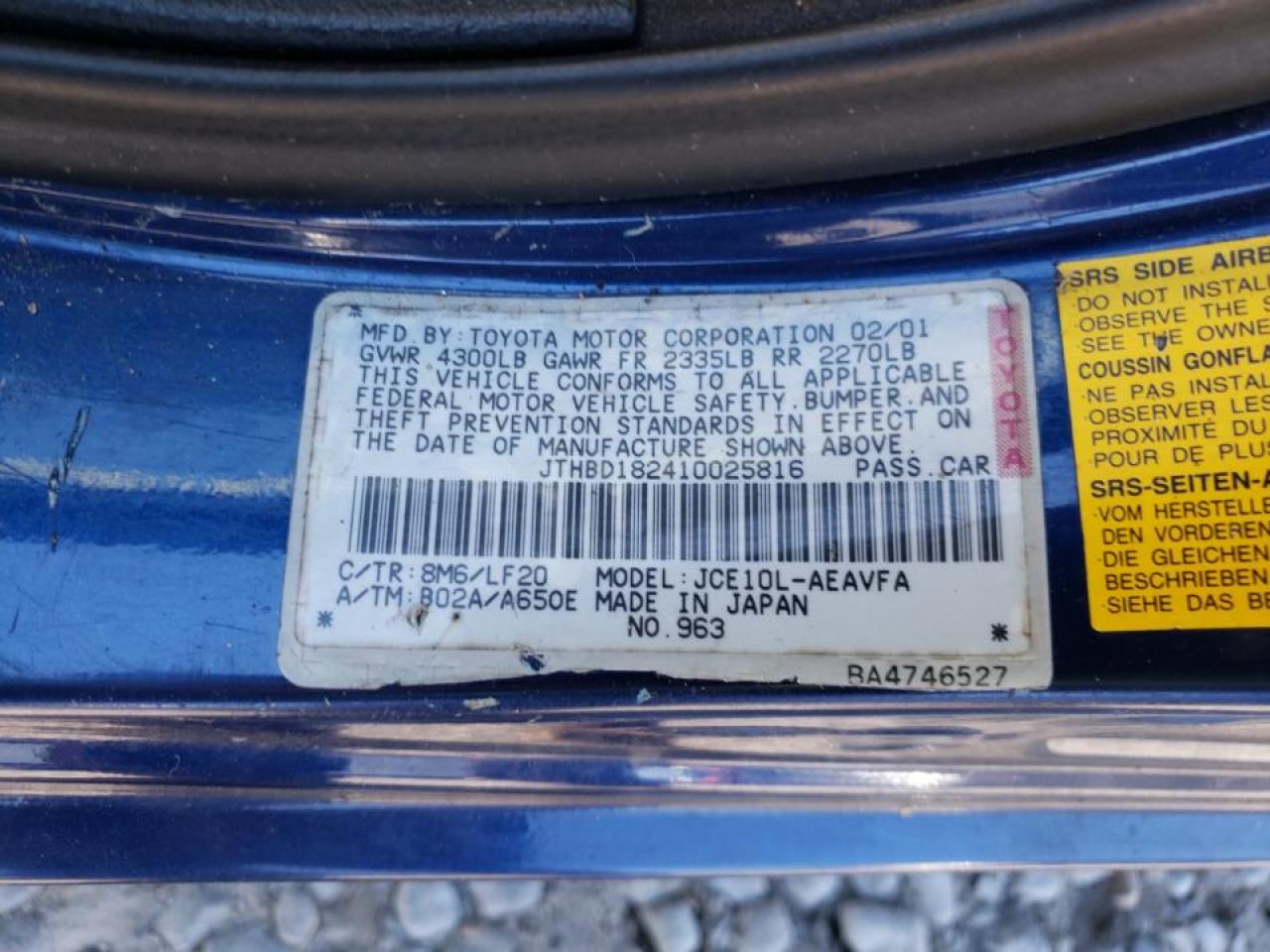 Photo 10 from auction – 2001 LEXUS IS 300 with VIN JTHBD182410025816