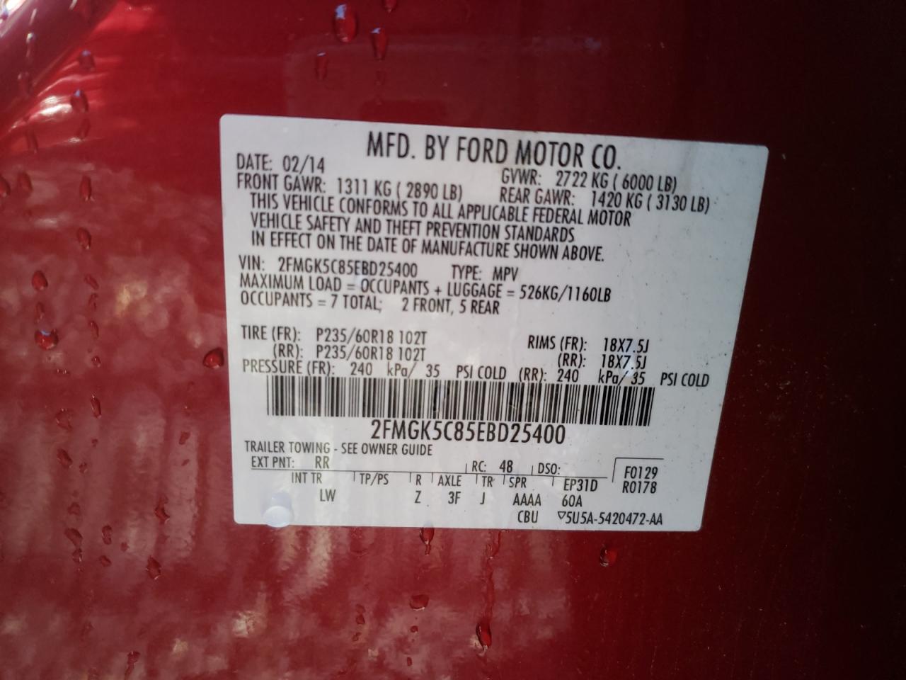 Photo 10 from auction – 2014 FORD FLEX SEL with VIN 2FMGK5C85EBD25400