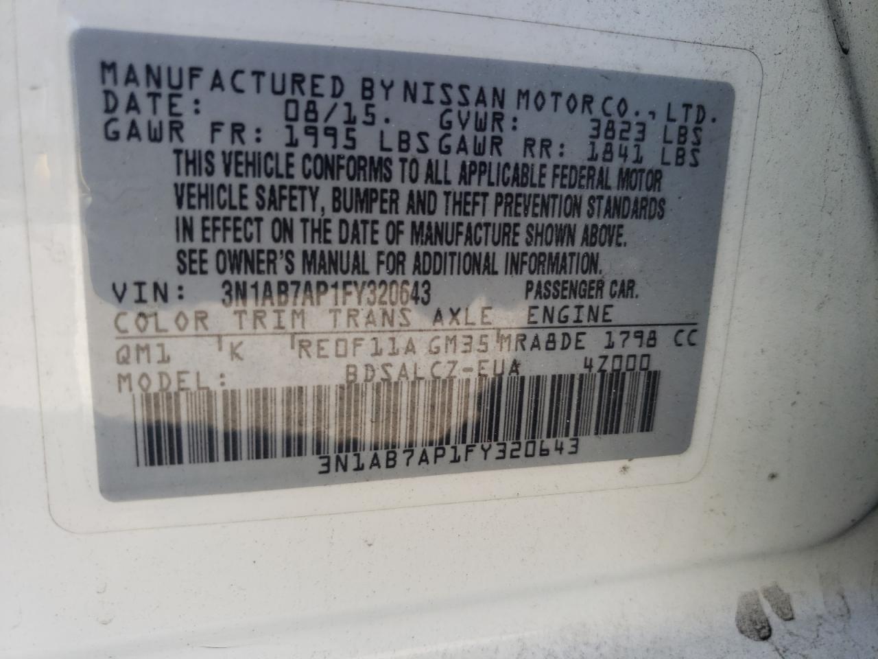 Photo 10 from auction – 2015 NISSAN SENTRA S with VIN 3N1AB7AP1FY320643