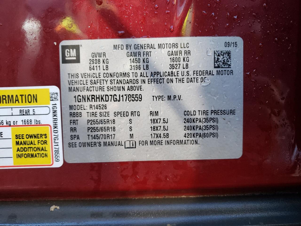Photo 10 from auction – 2016 CHEVROLET TRAVERSE L with VIN 1GNKRHKD7GJ178559