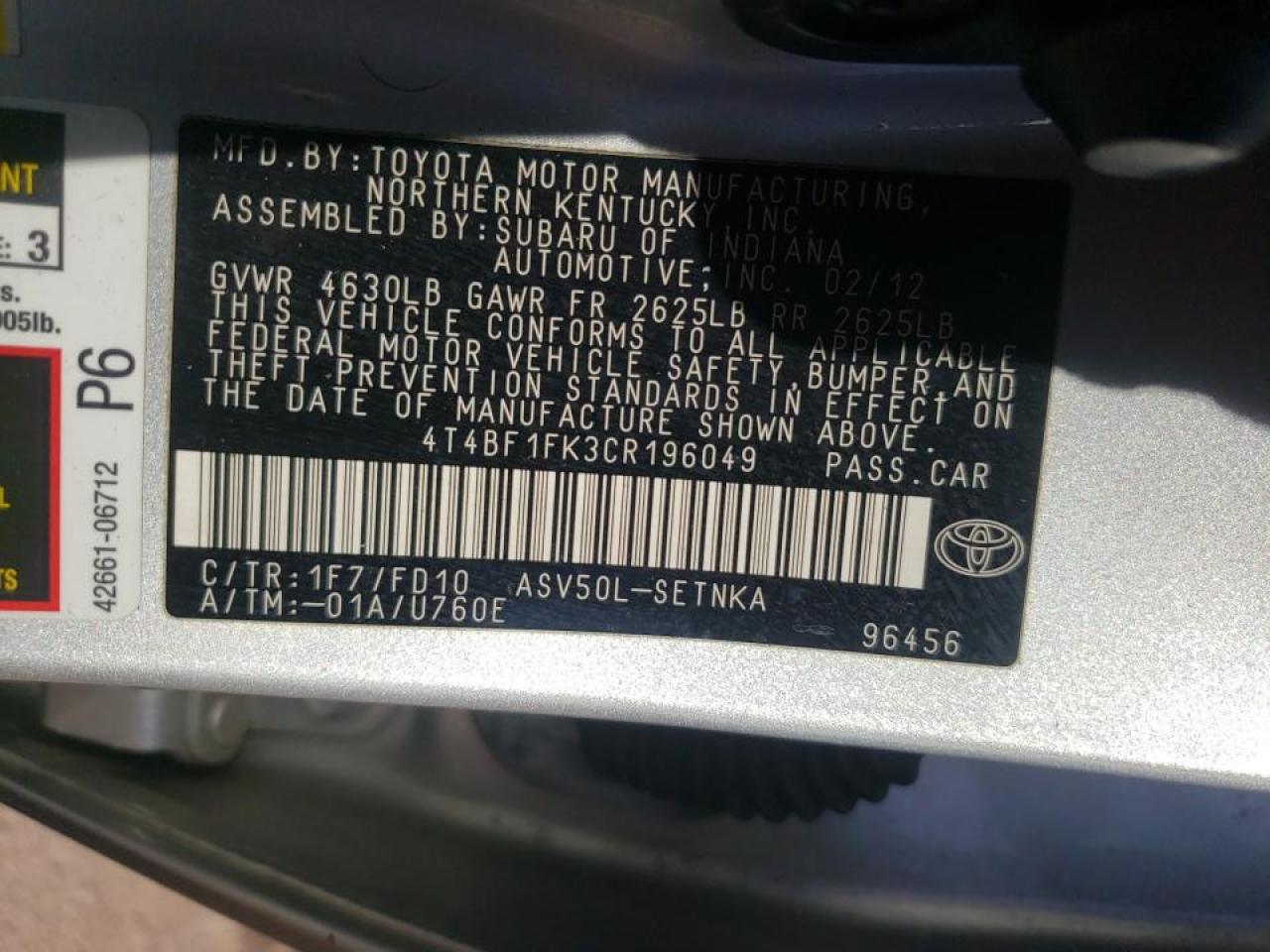Photo 10 from auction – 2012 TOYOTA CAMRY L/LE with VIN 4T4BF1FK3CR196049
