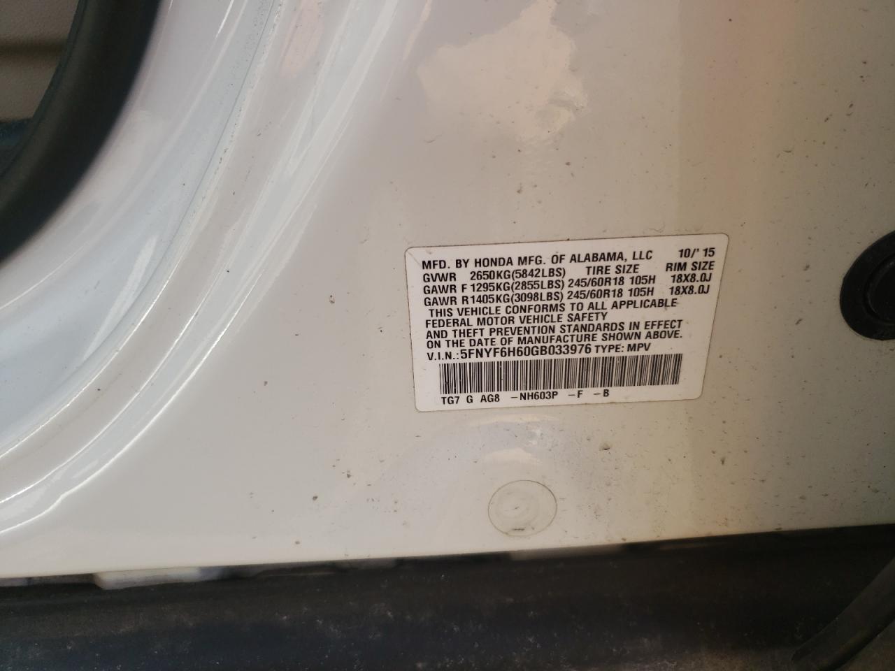 Photo 10 from auction – 2016 HONDA PILOT EXL with VIN 5FNYF6H60GB033976