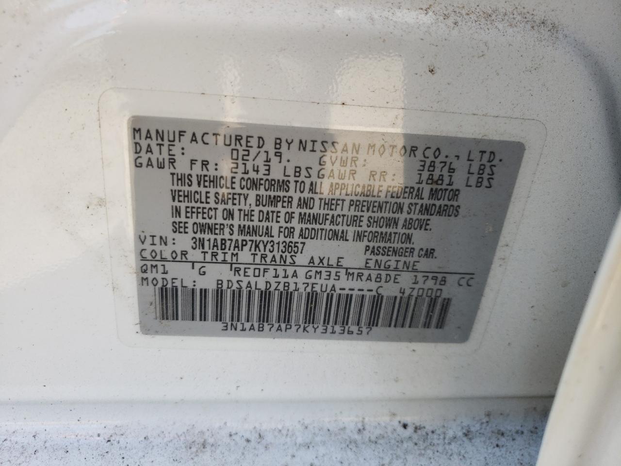 Photo 10 from auction – 2019 NISSAN SENTRA S with VIN 3N1AB7AP7KY313657