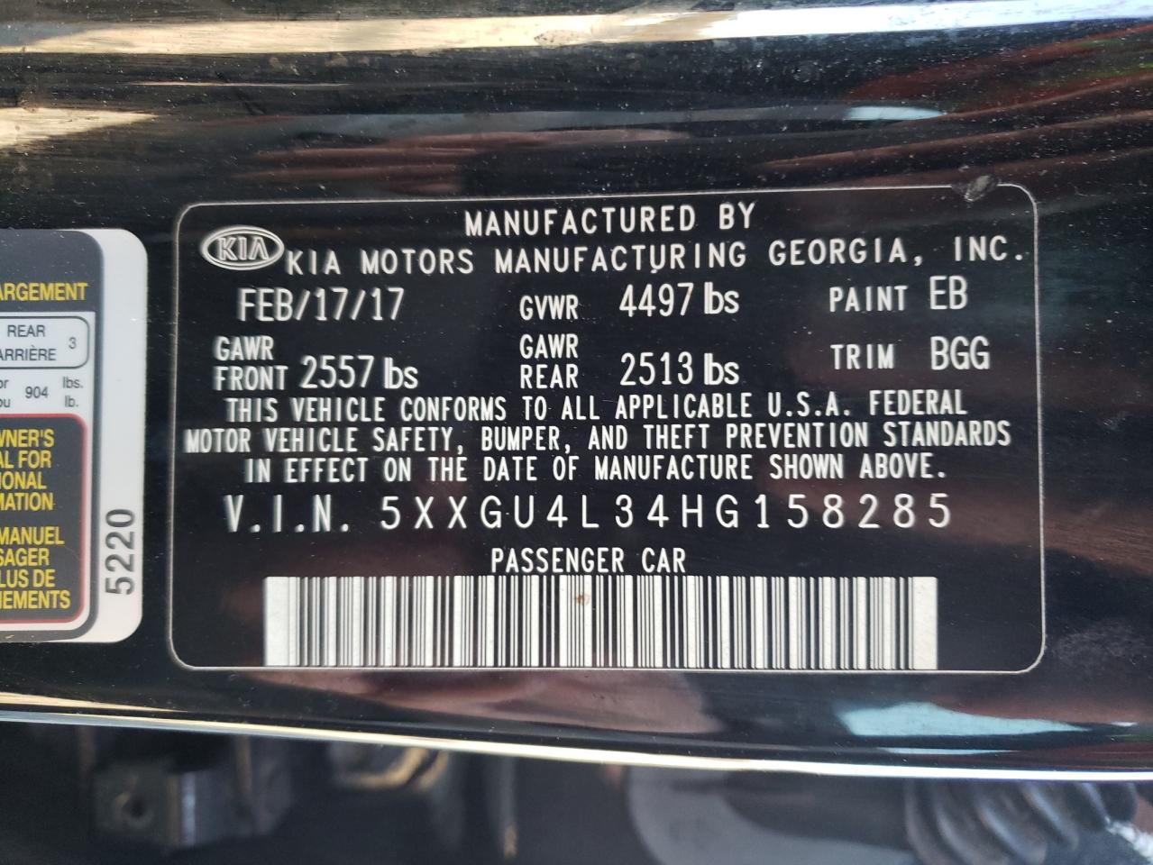 Photo 10 from auction – 2017 KIA OPTIMA EX with VIN 5XXGU4L34HG158285