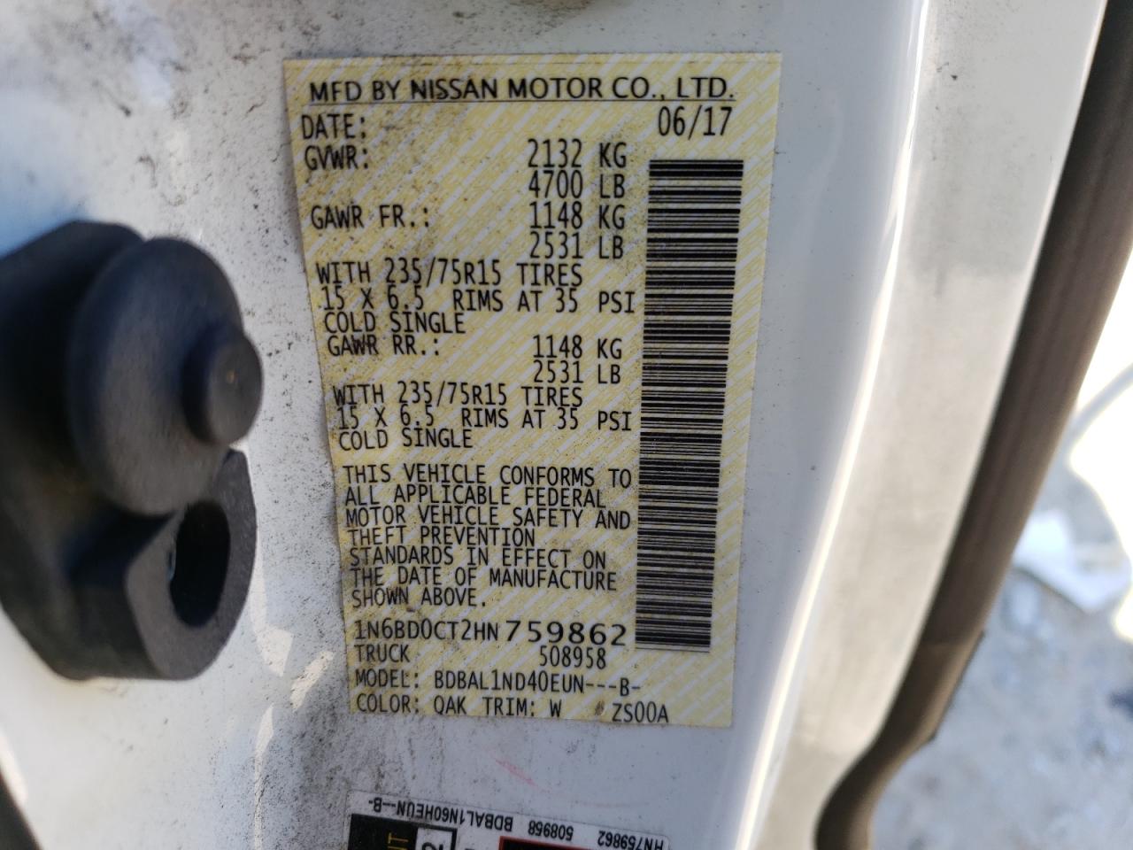 Photo 10 from auction – 2017 NISSAN FRONTIER S with VIN 1N6BD0CT2HN759862