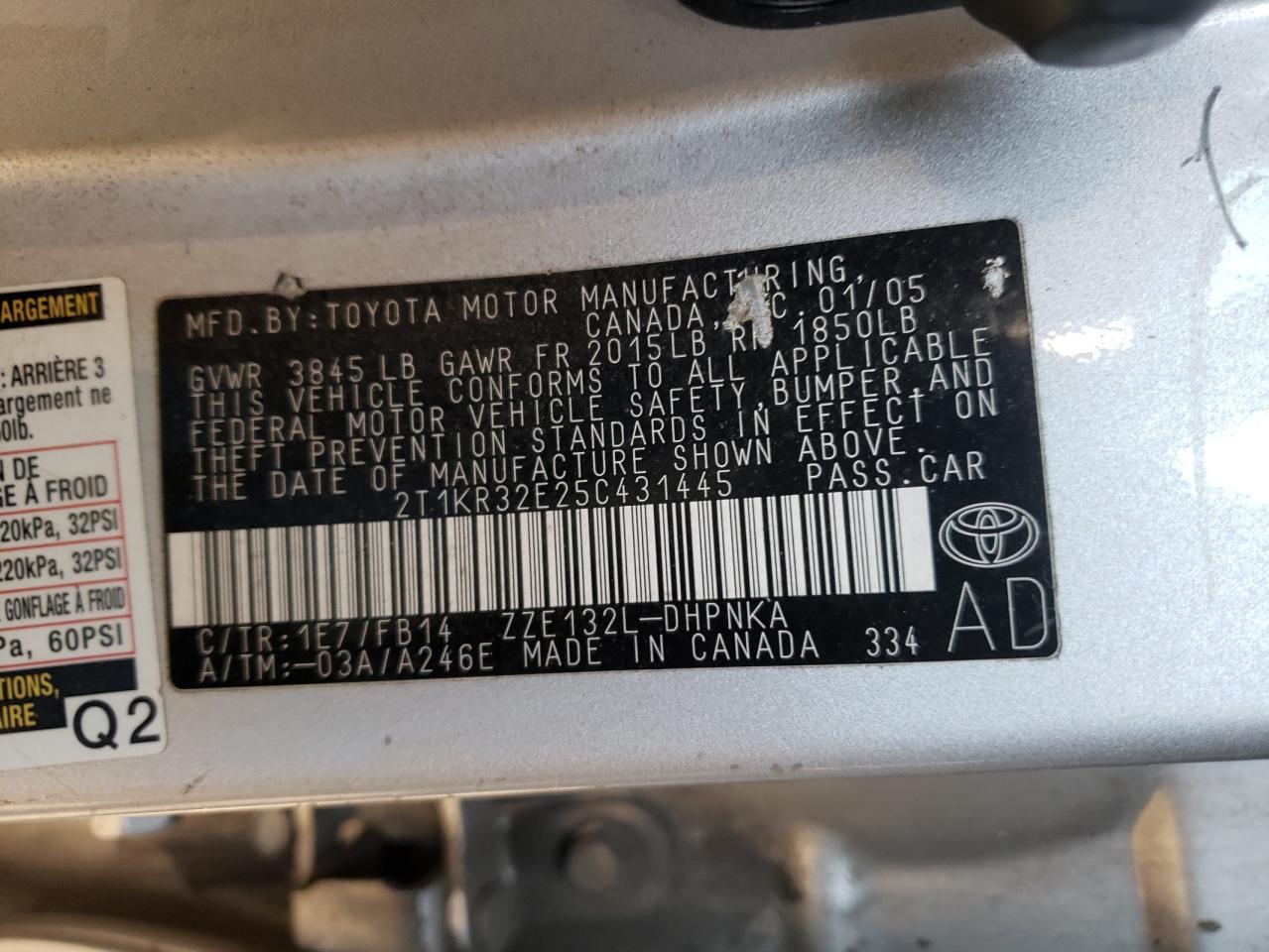 Photo 10 from auction – 2005 TOYOTA COROLLA MA with VIN 2T1KR32E25C431445