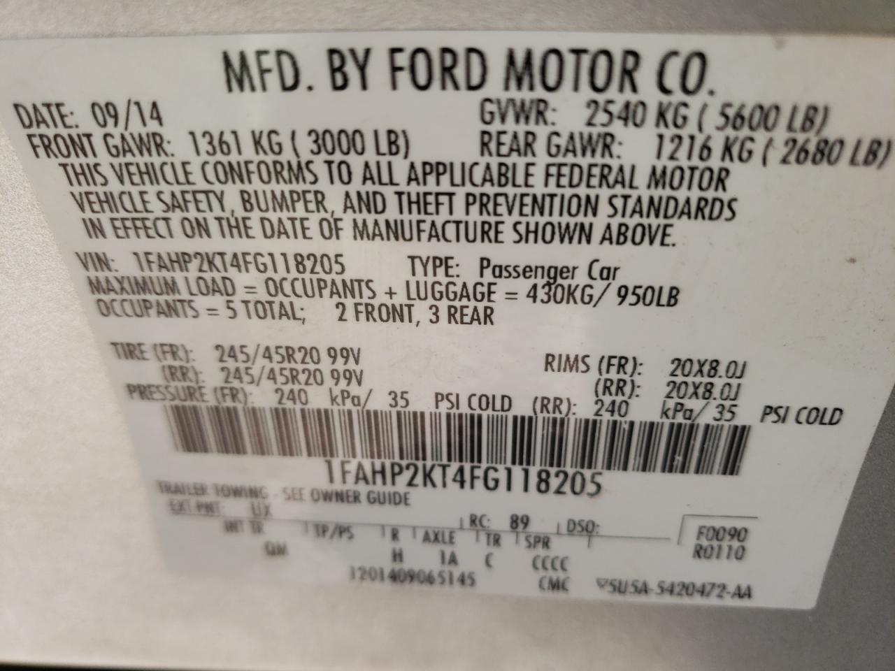 Photo 10 from auction – 2015 FORD TAURUS SHO with VIN 1FAHP2KT4FG118205