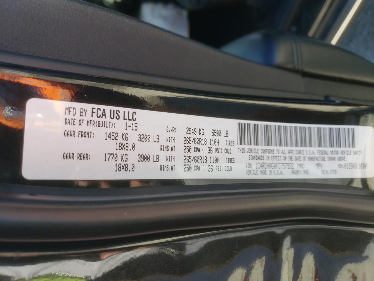 Photo 10 from auction – 2015 DODGE DURANGO SX with VIN 1C4RDHAG0FC757932