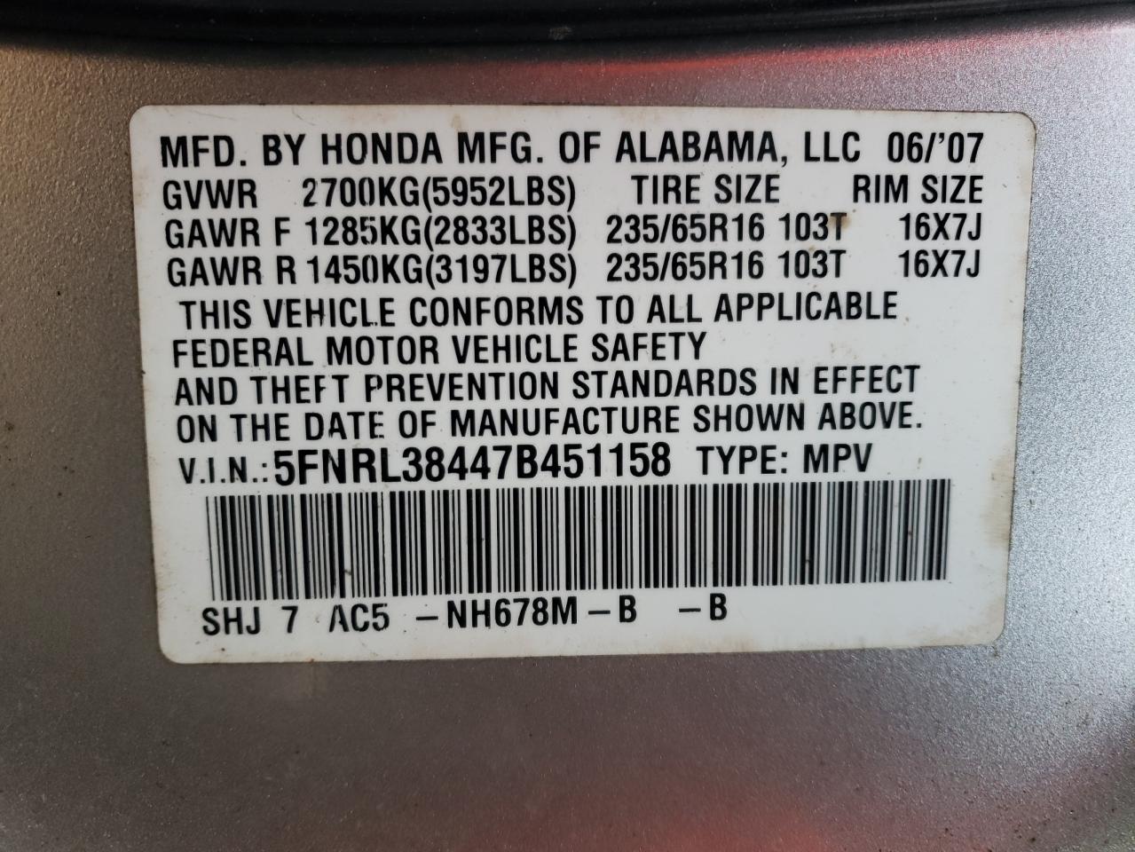 Photo 10 from auction – 2007 HONDA ODYSSEY EX with VIN 5FNRL38447B451158