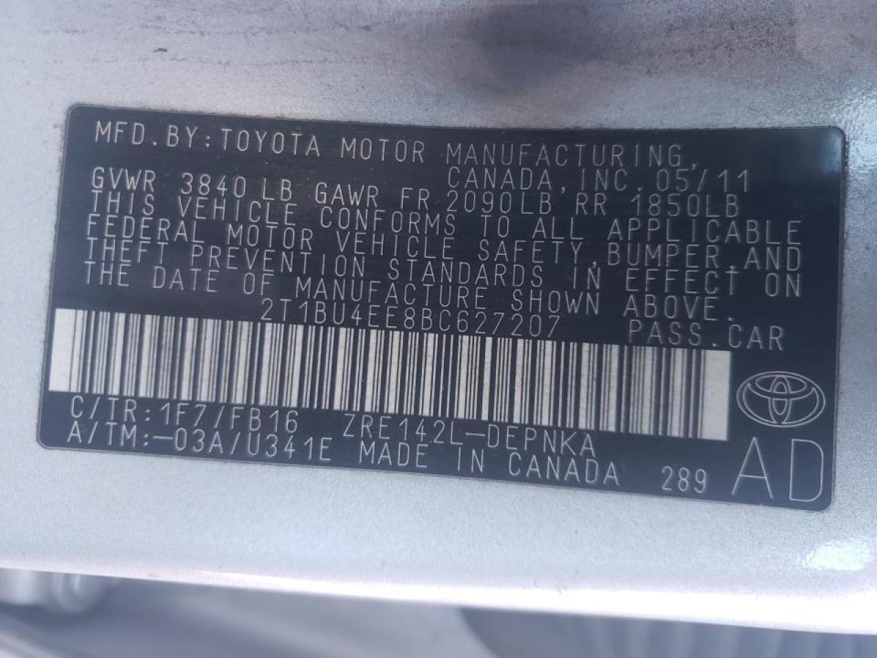 Photo 10 from auction – 2011 TOYOTA COROLLA BA with VIN 2T1BU4EE8BC627207