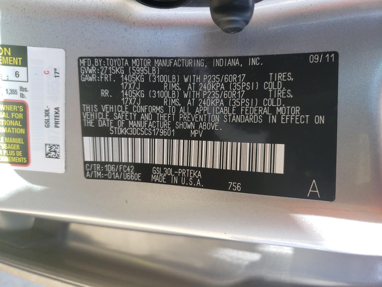 Photo 10 from auction – 2012 TOYOTA SIENNA LE with VIN 5TDKK3DC5CS179601