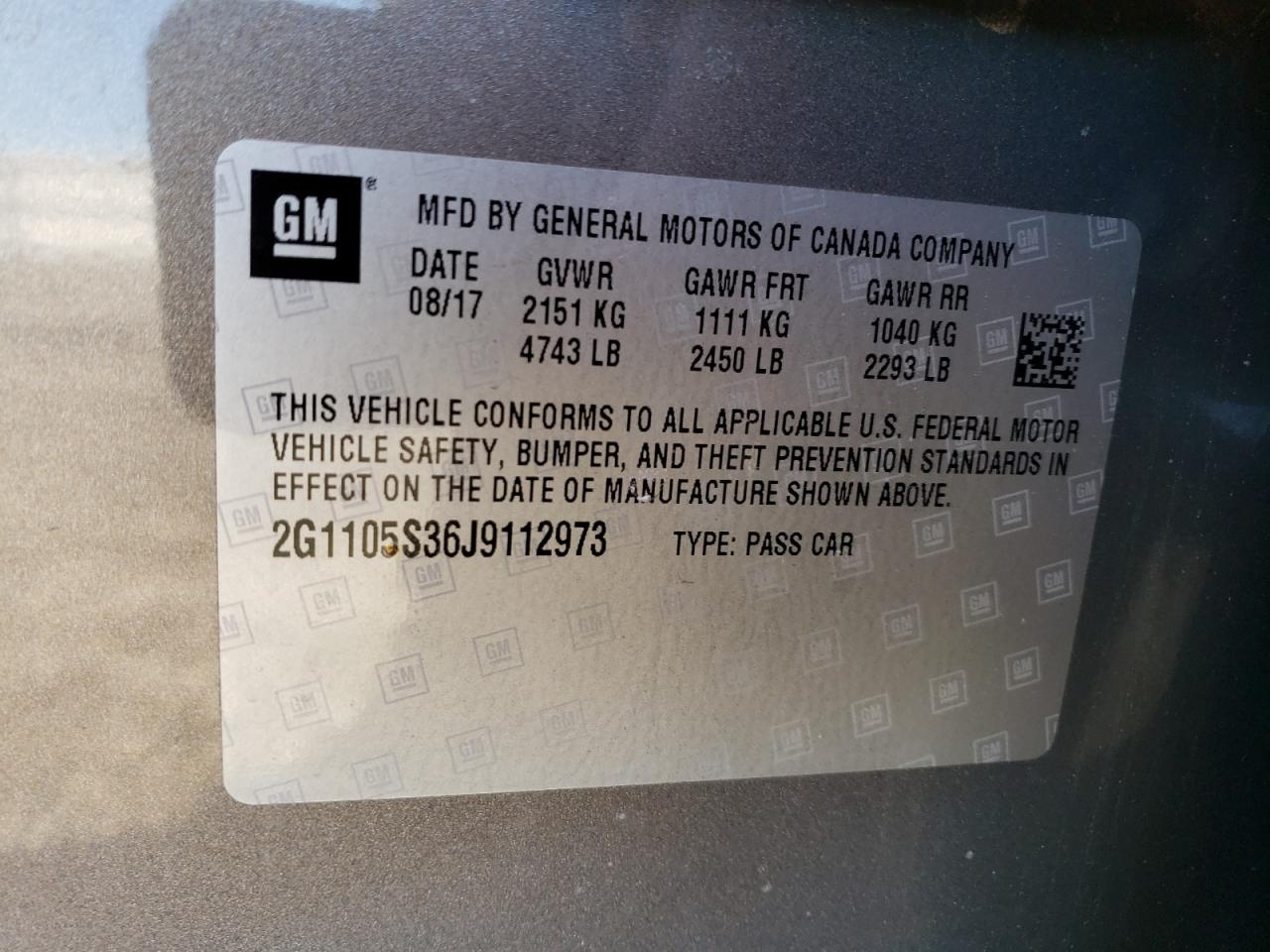 Photo 10 from auction – 2018 CHEVROLET IMPALA LT with VIN 2G1105S36J9112973