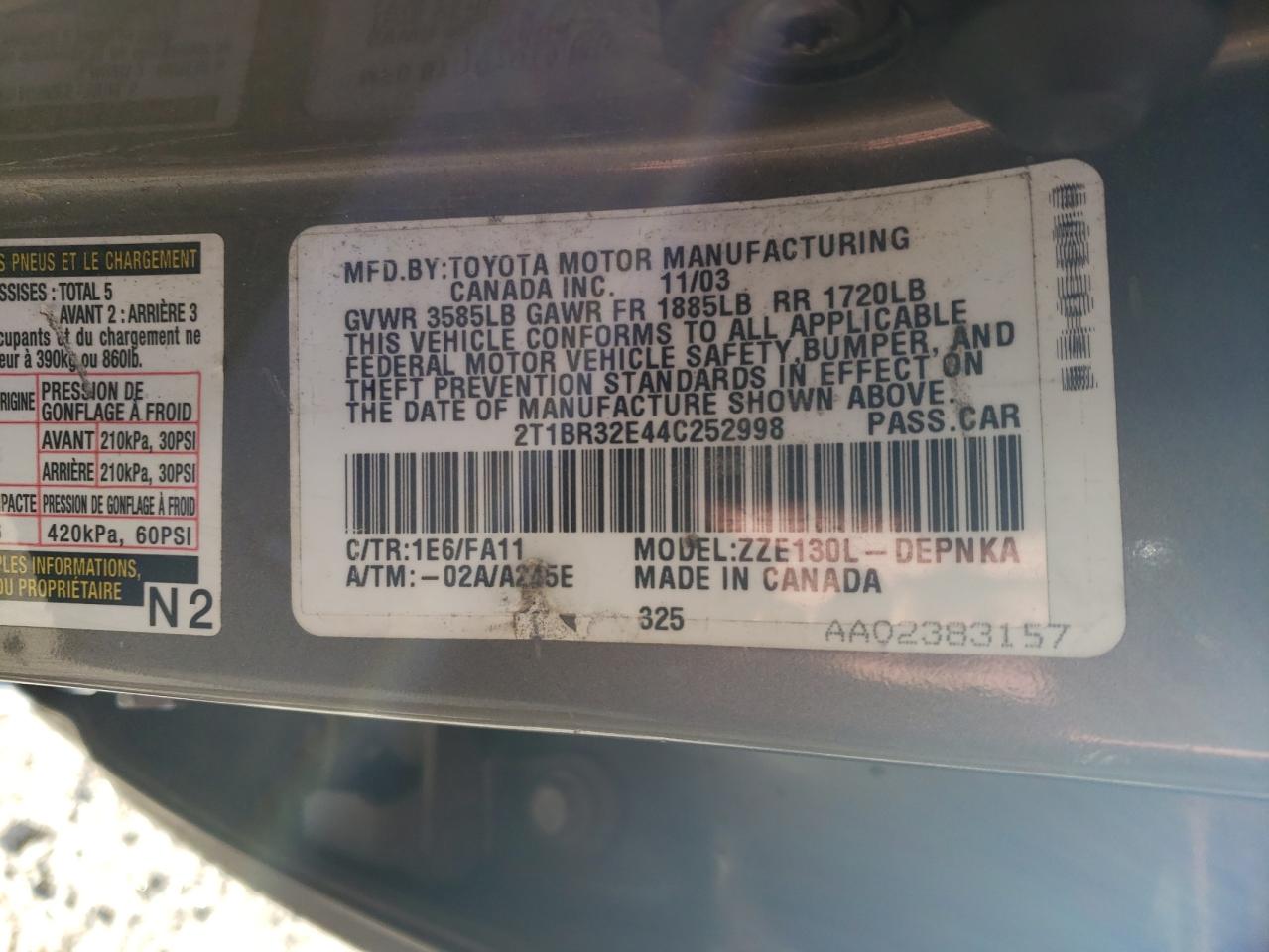 Photo 10 from auction – 2004 TOYOTA COROLLA CE with VIN 2T1BR32E44C252998