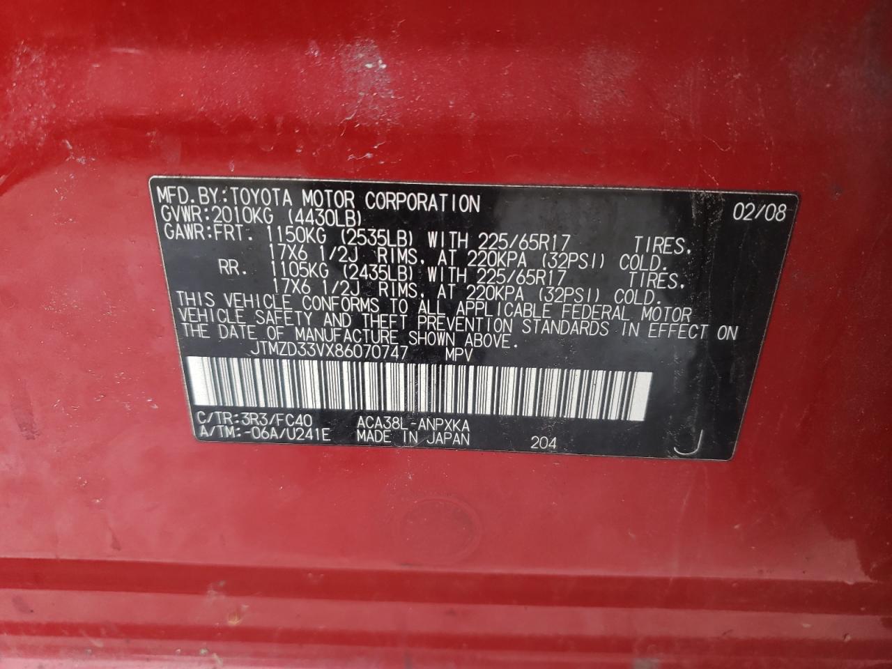 Photo 10 from auction – 2008 TOYOTA RAV4 with VIN JTMZD33VX86070747