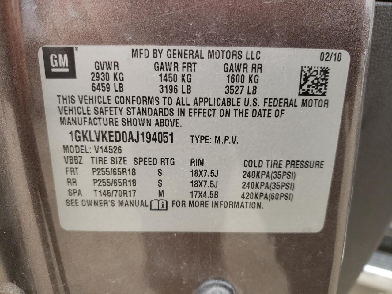 Photo 10 from auction – 2010 GMC ACADIA SL with VIN 1GKLVKED0AJ194051