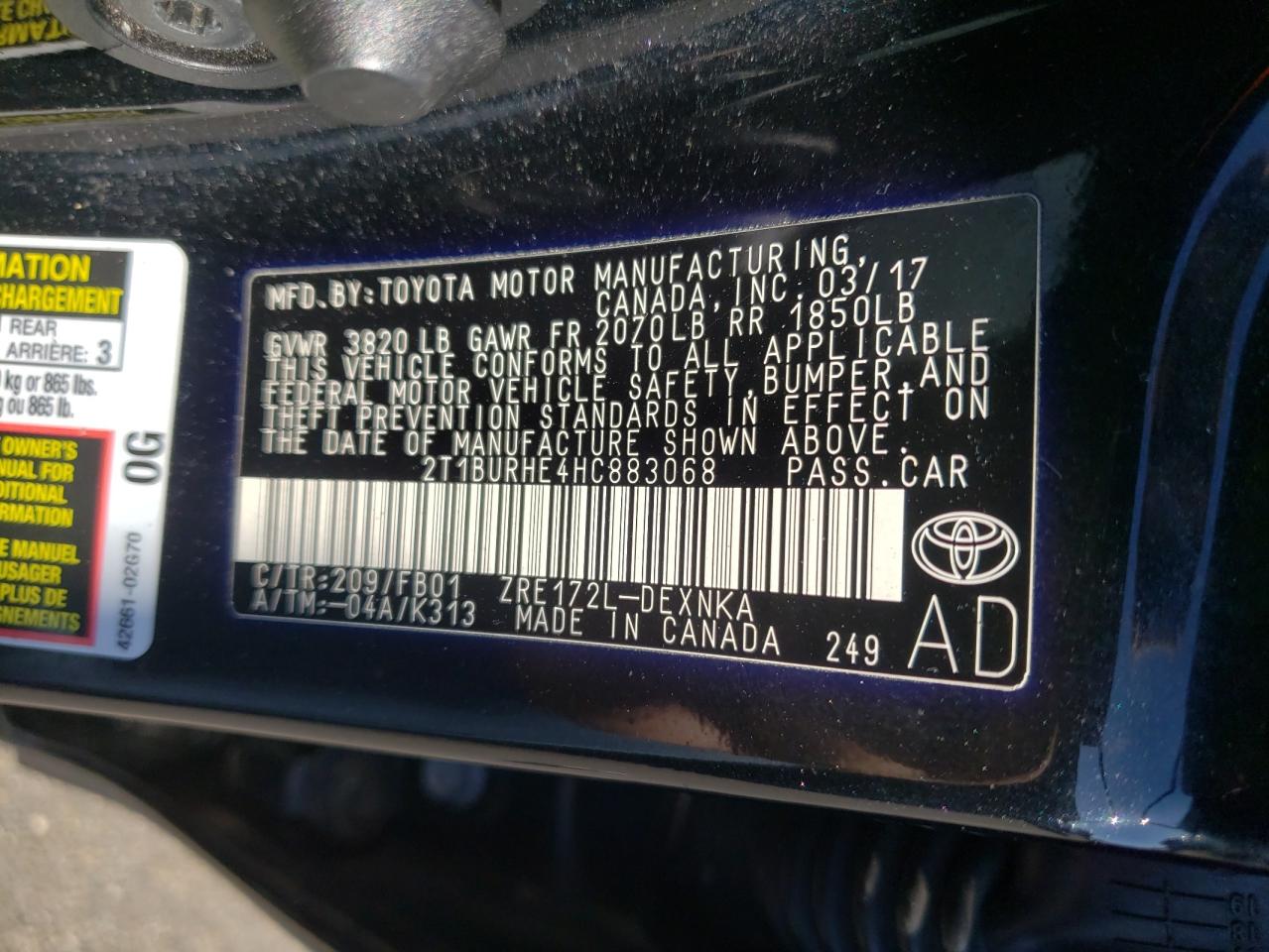 Photo 10 from auction – 2017 TOYOTA COROLLA L with VIN 2T1BURHE4HC883068