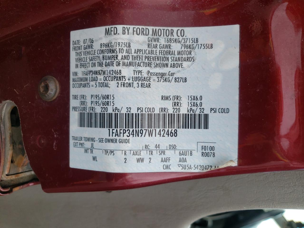 Photo 10 from auction – 2007 FORD FOCUS ZX4 with VIN 1FAFP34N97W142468