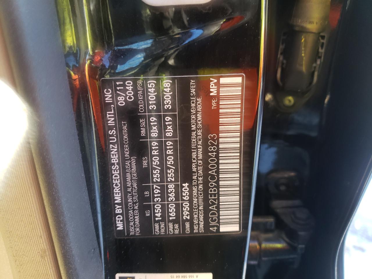 Photo 10 from auction – 2012 MERCEDES-BENZ ML 350 BLU with VIN 4JGDA2EB9CA004823