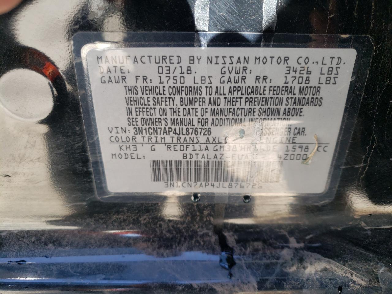 Photo 10 from auction – 2018 NISSAN VERSA S with VIN 3N1CN7AP4JL876726