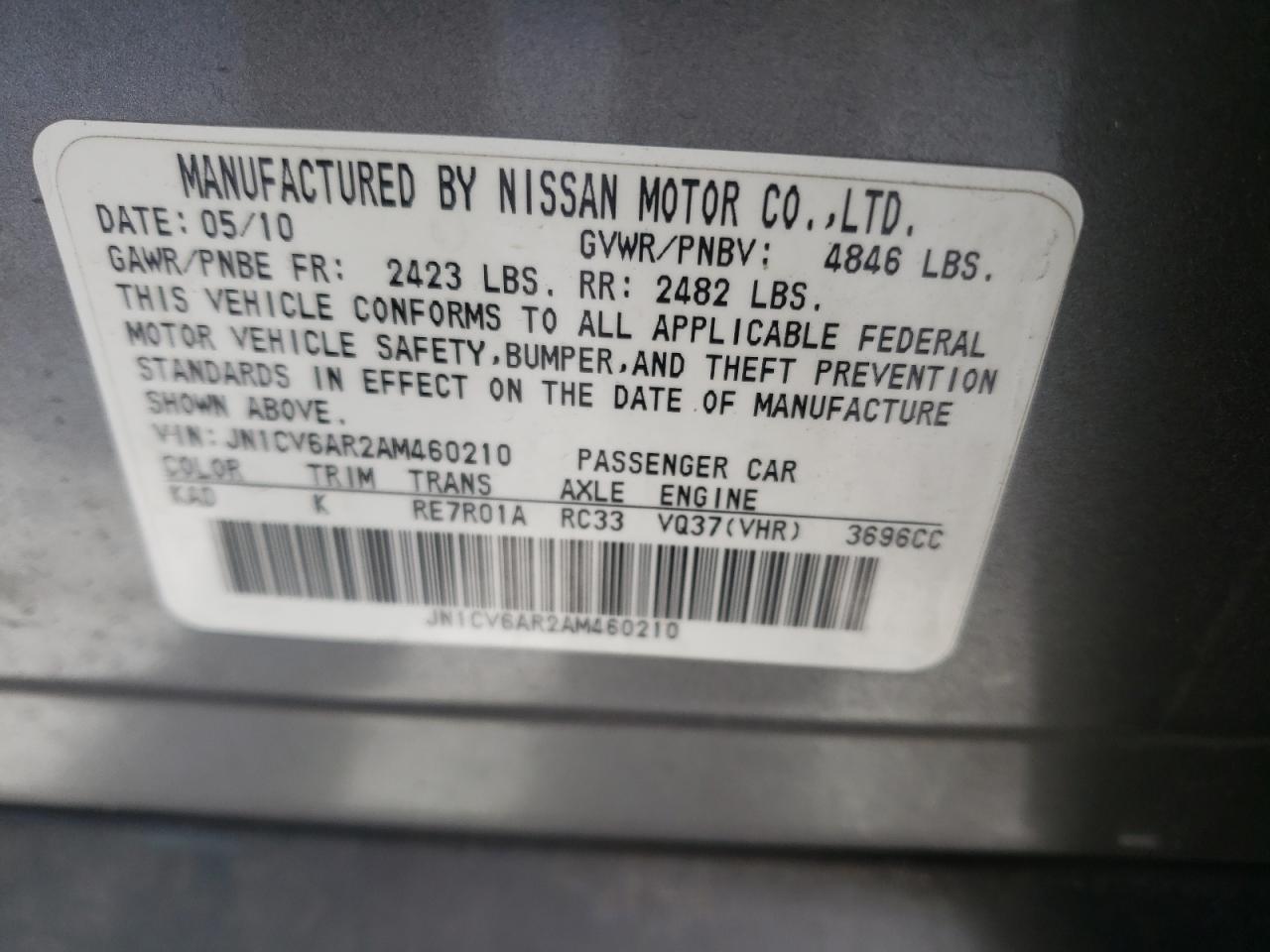 Photo 10 from auction – 2010 INFINITI G37 with VIN JN1CV6AR2AM460210