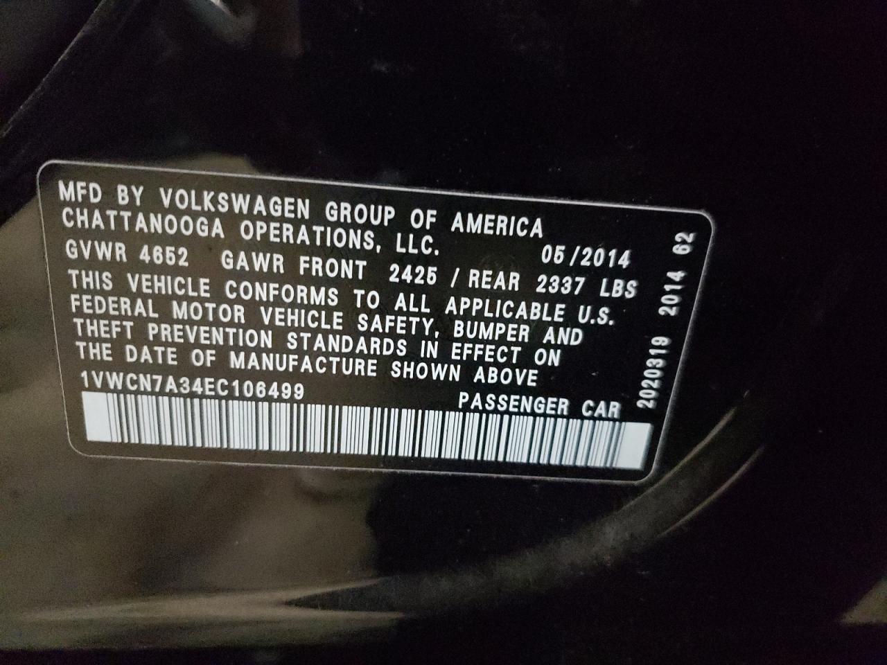 Photo 10 from auction – 2014 VOLKSWAGEN PASSAT SEL with VIN 1VWCN7A34EC106499
