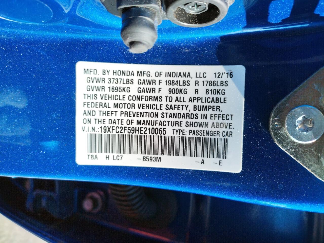 Photo 10 from auction – 2017 HONDA CIVIC LX with VIN 19XFC2F59HE210065