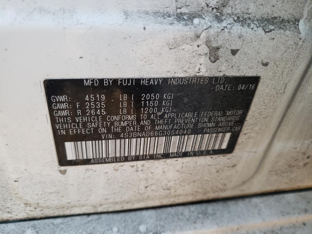 Photo 10 from auction – 2016 SUBARU LEGACY 2.5 with VIN 4S3BNAD66G3054040