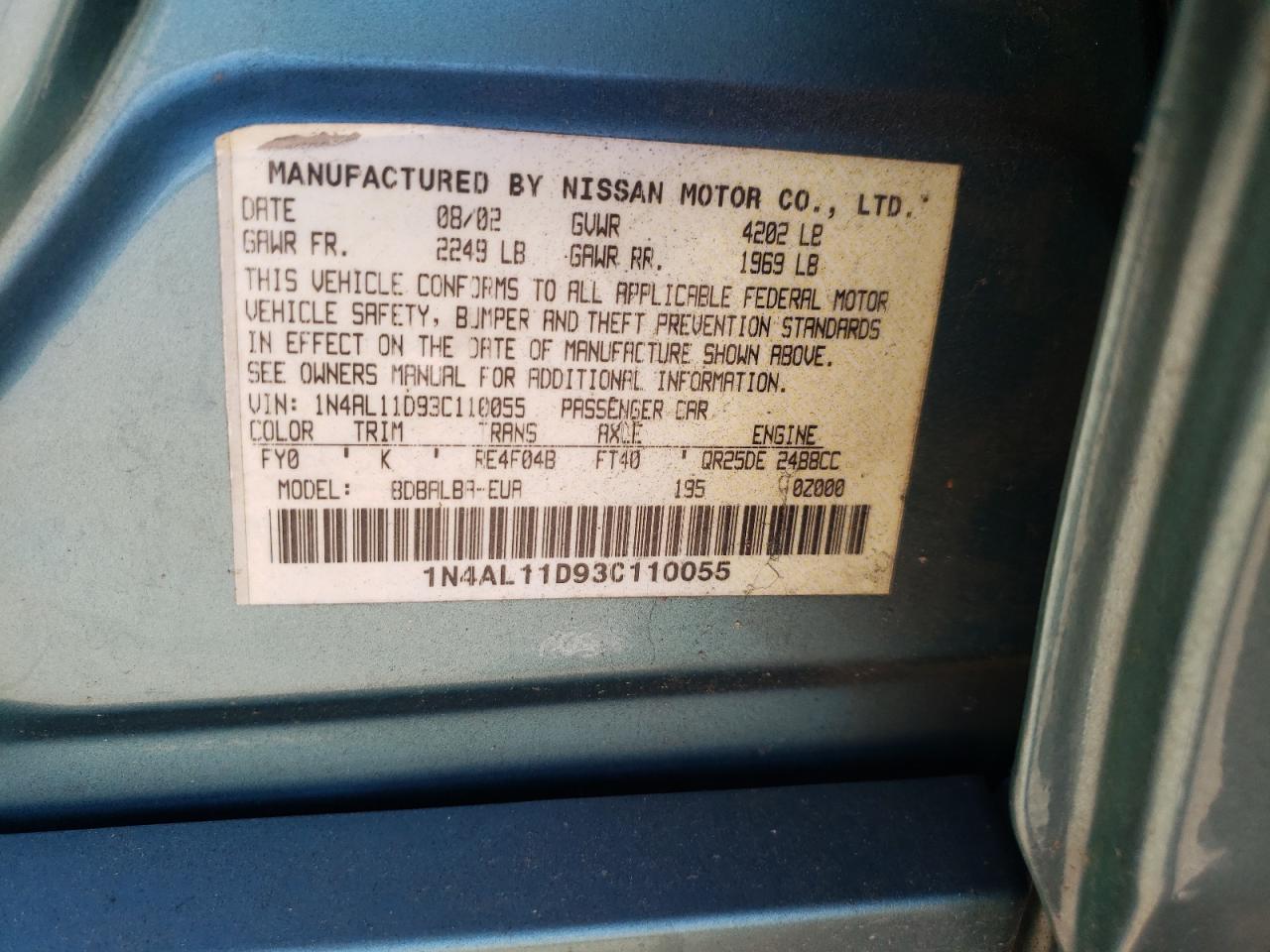 Photo 10 from auction – 2003 NISSAN ALTIMA BAS with VIN 1N4AL11D93C110055