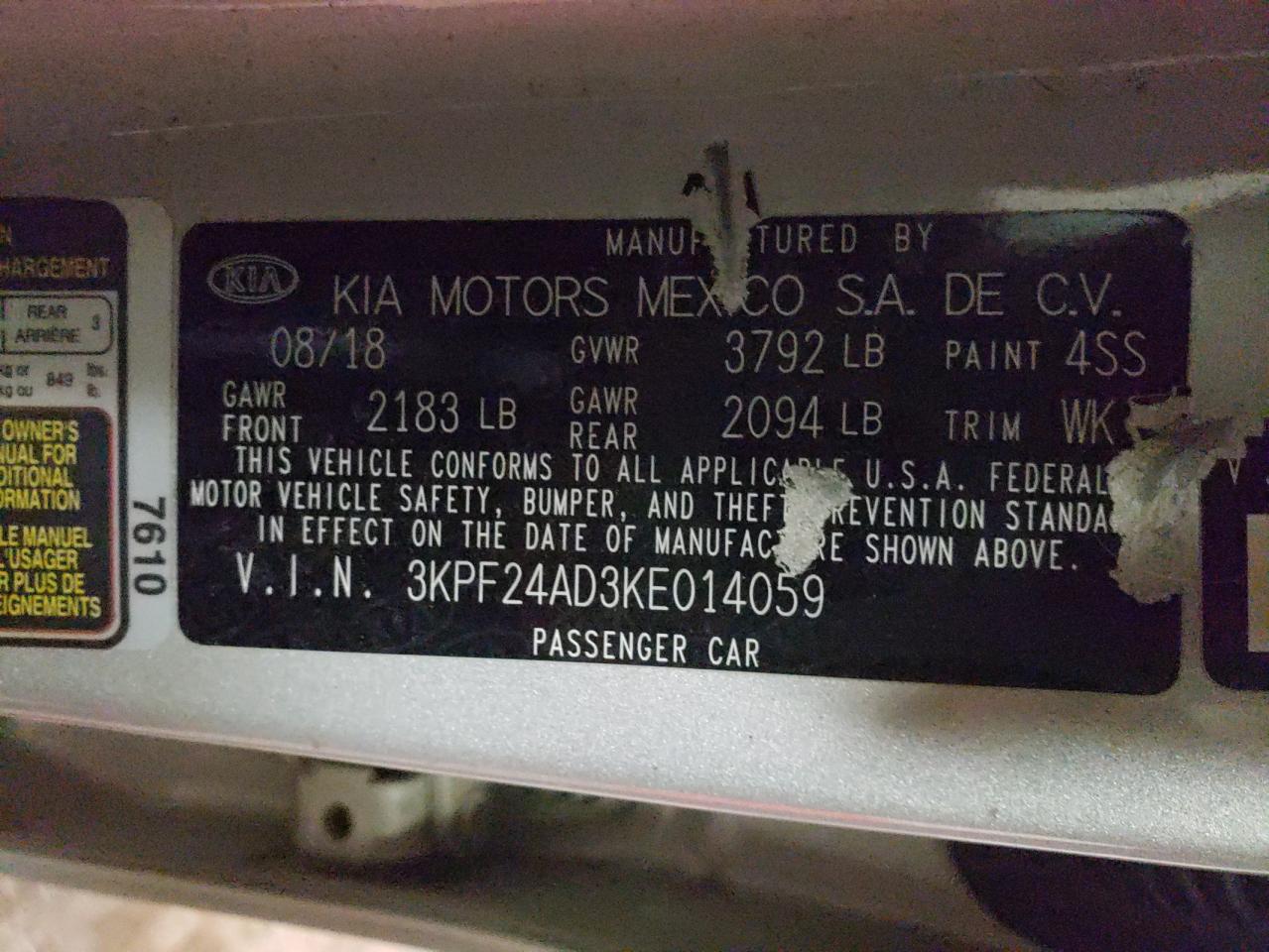 Photo 10 from auction – 2019 KIA FORTE FE with VIN 3KPF24AD3KE014059