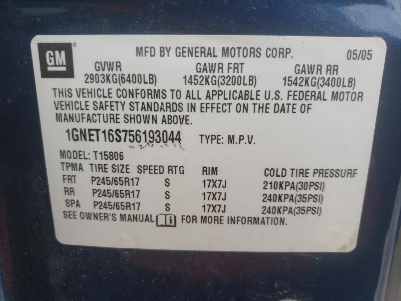 Photo 10 from auction – 2005 CHEVROLET TRAILBLAZE with VIN 1GNET16S756193044