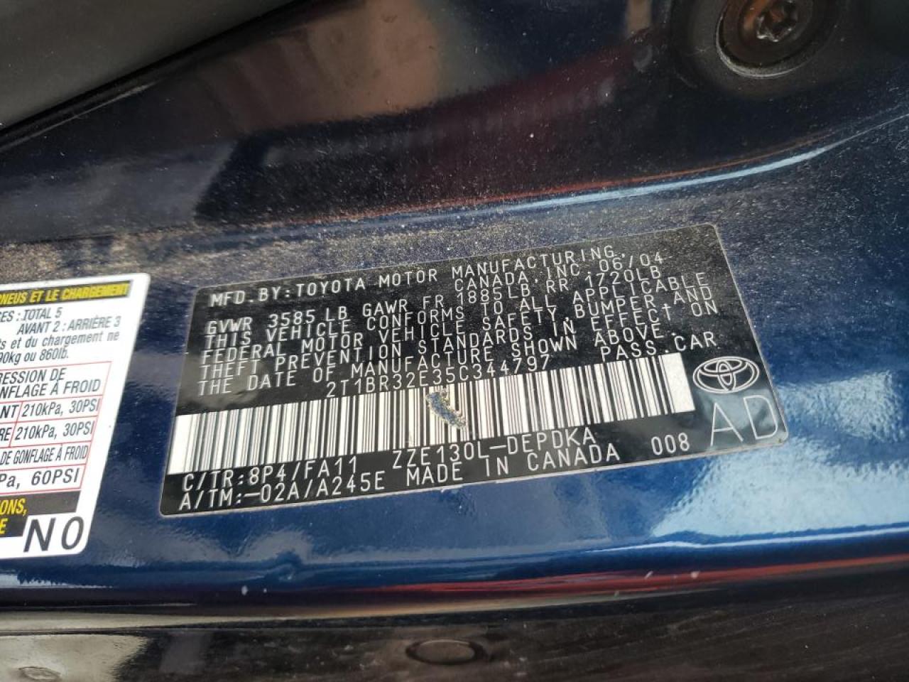 Photo 10 from auction – 2005 TOYOTA COROLLA CE with VIN 2T1BR32E35C344797