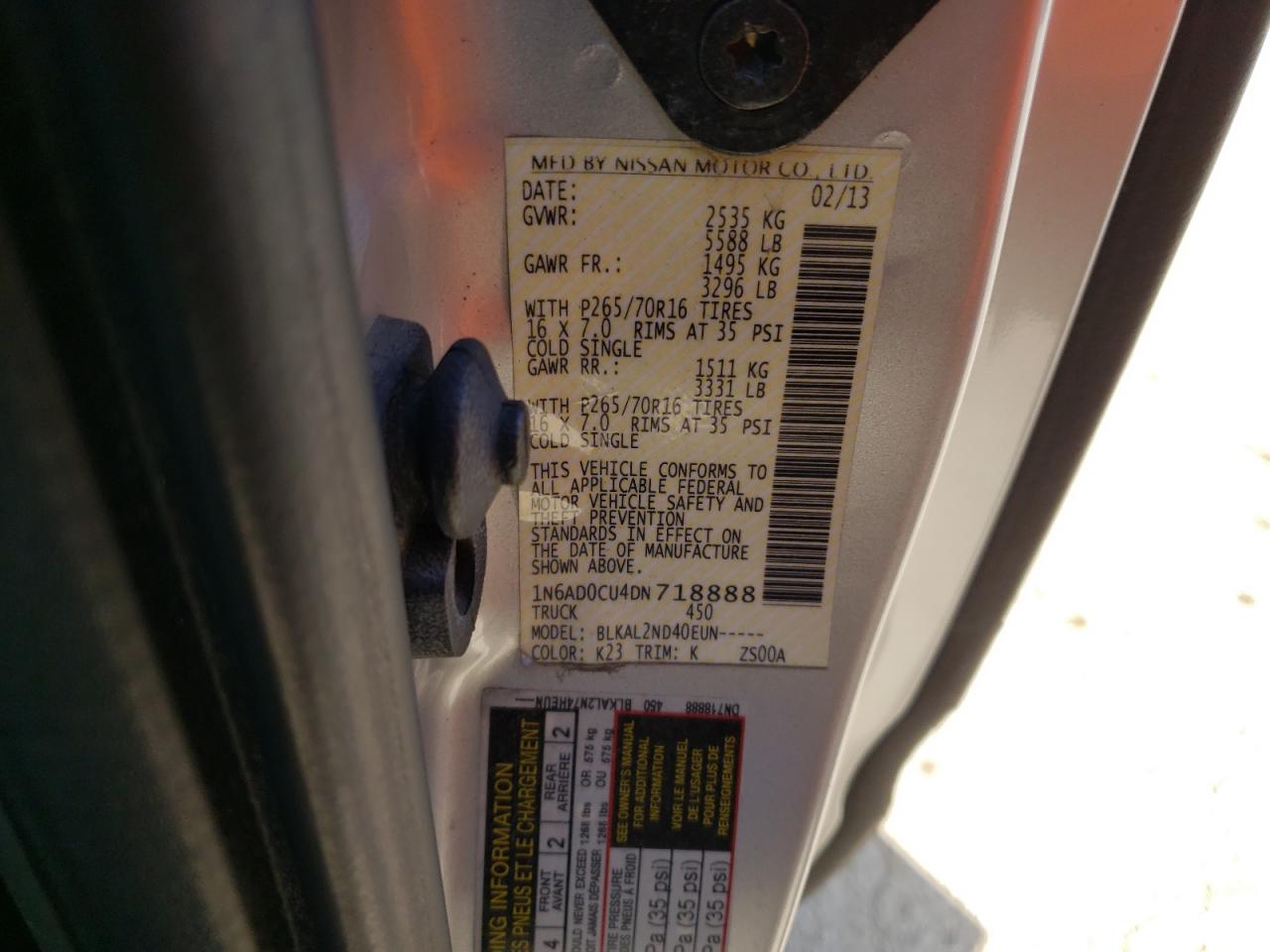 Photo 10 from auction – 2013 NISSAN FRONTIER S with VIN 1N6AD0CU4DN718888