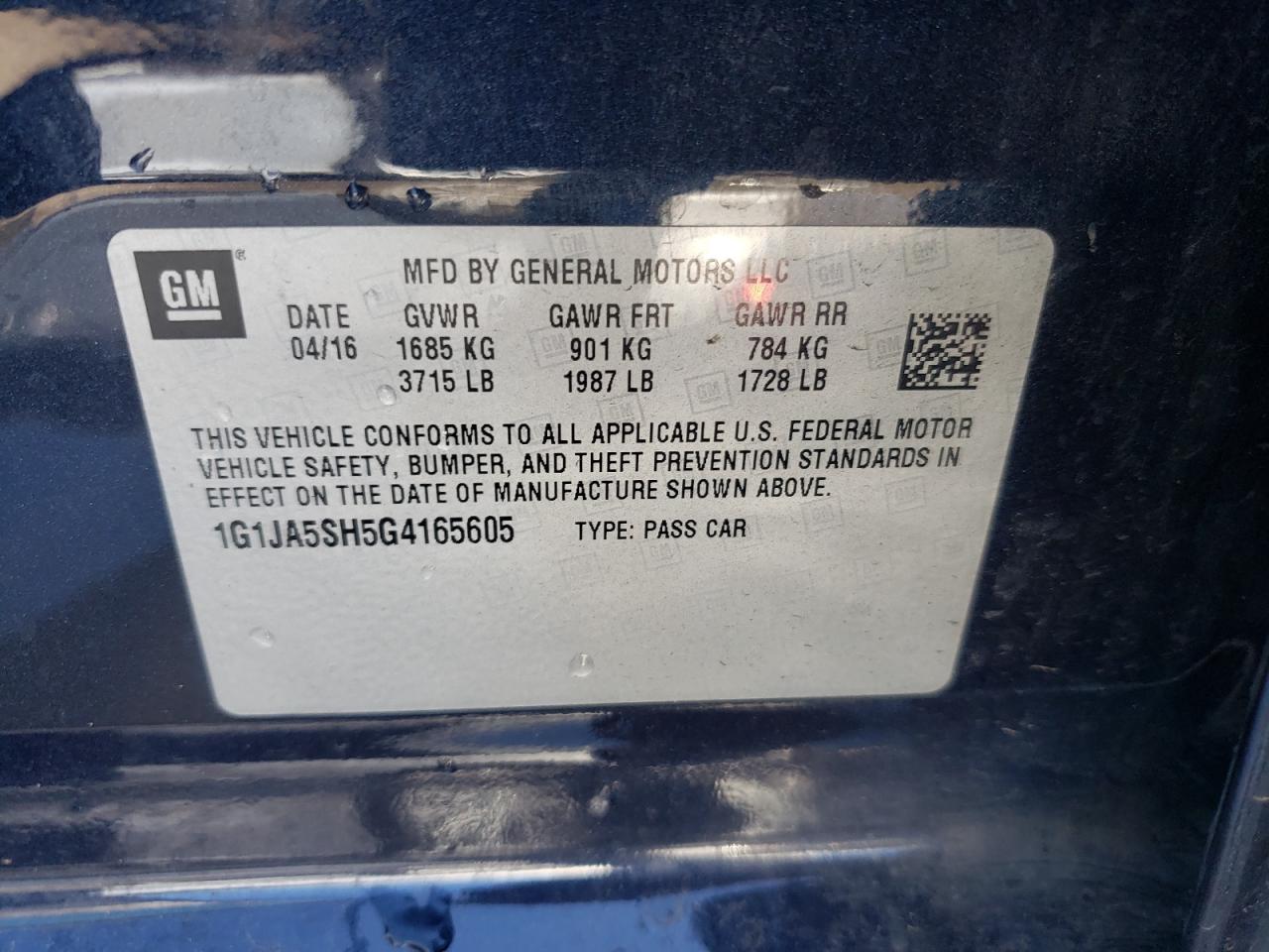 Photo 10 from auction – 2016 CHEVROLET SONIC LS with VIN 1G1JA5SH5G4165605