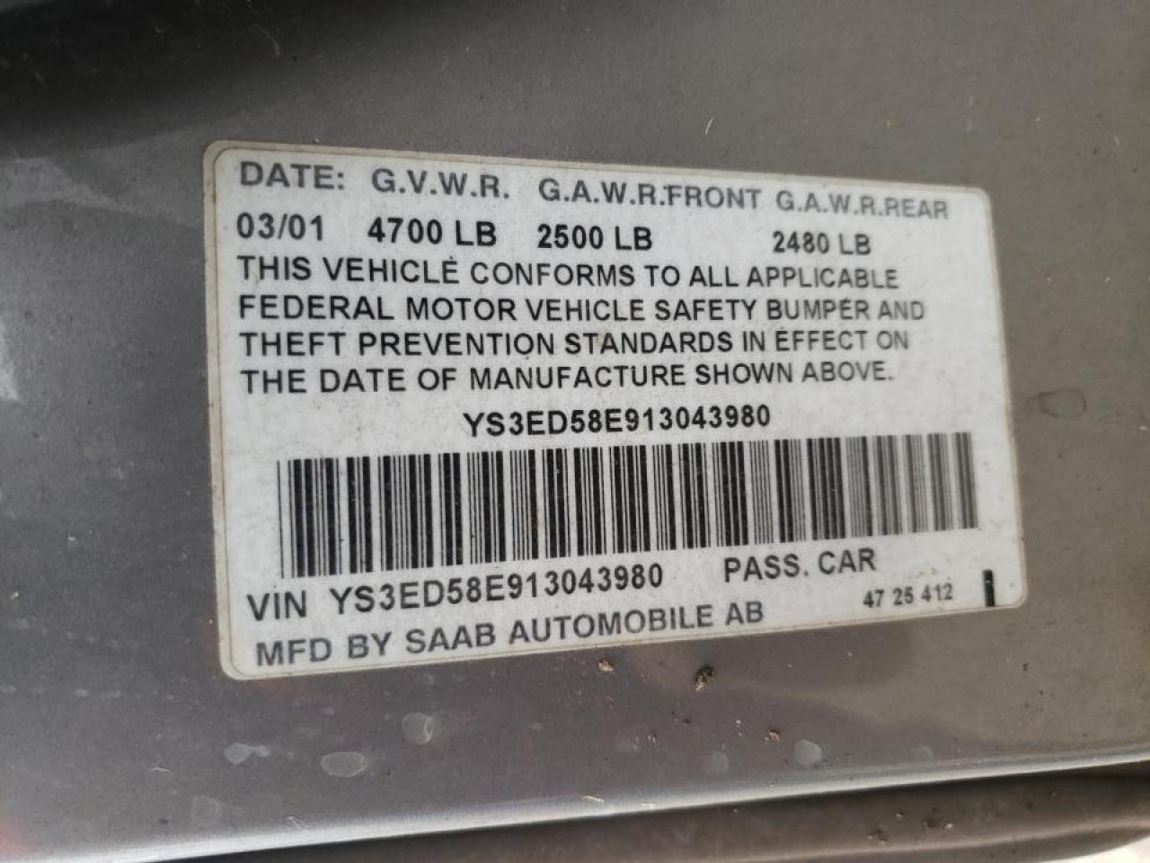 Photo 10 from auction – 2001 SAAB 9-5 with VIN YS3ED58E913043980