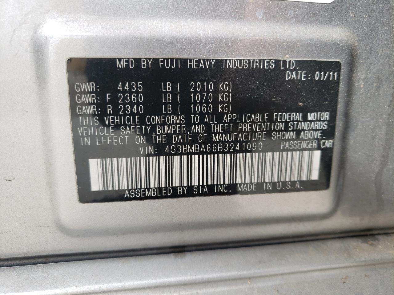 صورة رقم 10 من المزاد - 2011 SUBARU LEGACY 2.5 مع VIN 4S3BMBA66B3241090