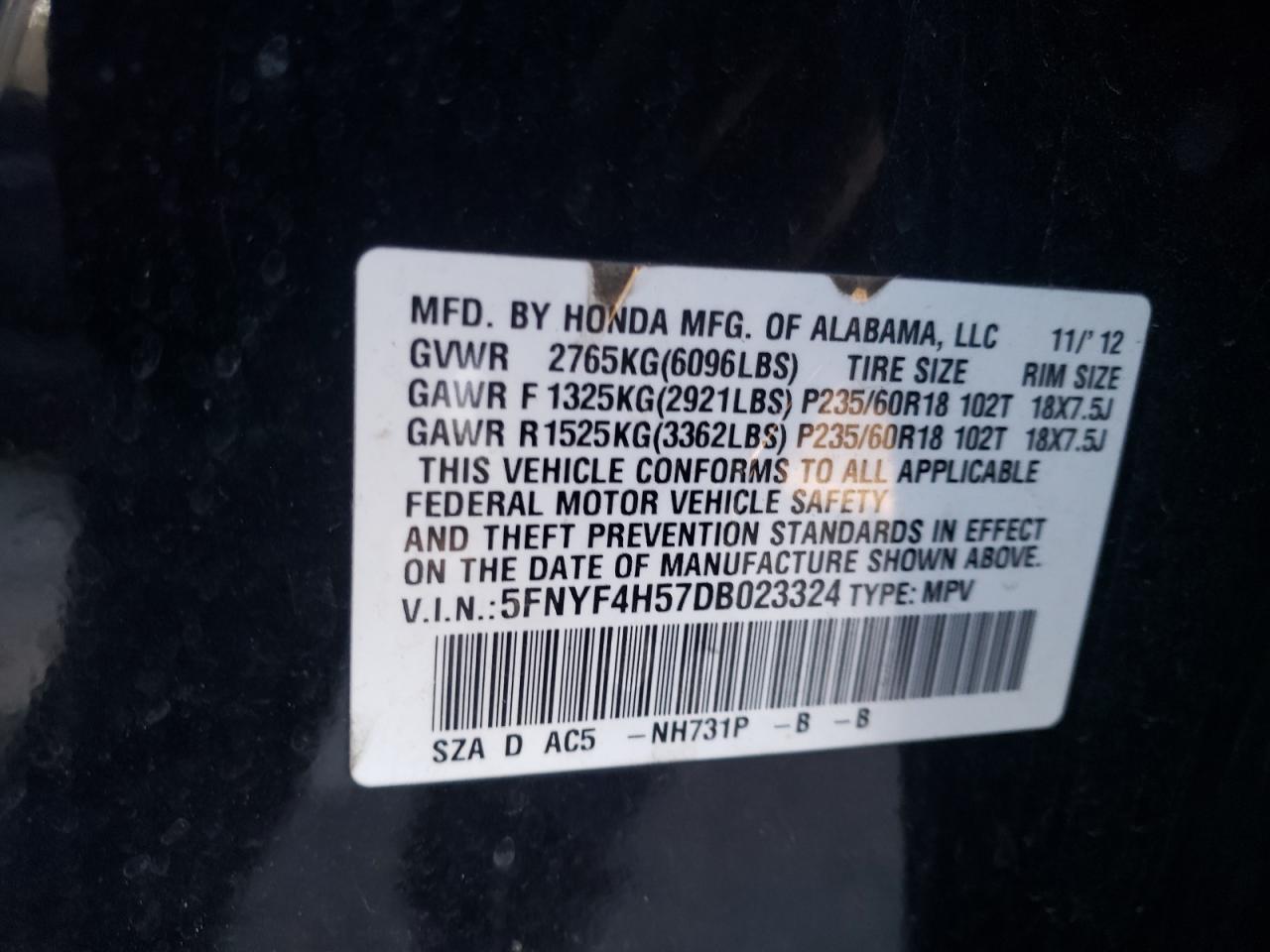 Photo 10 from auction – 2013 HONDA PILOT EXL with VIN 5FNYF4H57DB023324