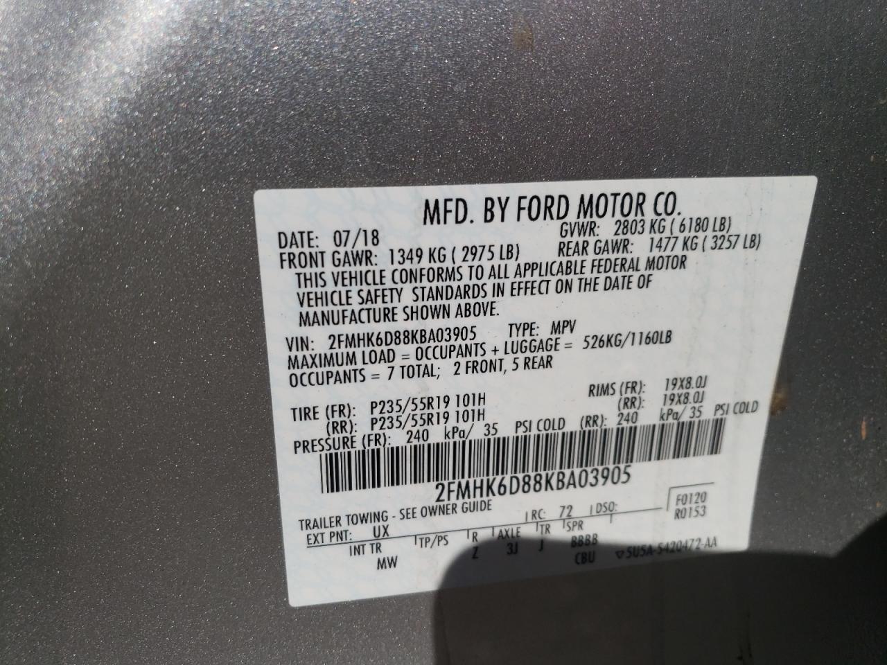 Photo 10 from auction – 2019 FORD FLEX LIMIT with VIN 2FMHK6D88KBA03905